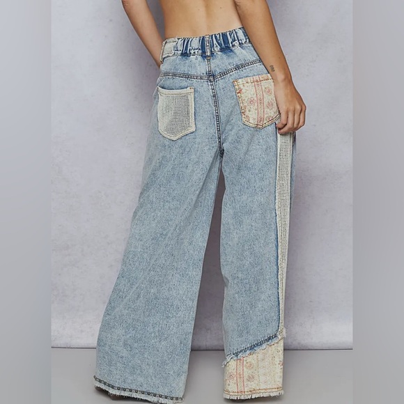 New Bestseller POL : blue denim crochet pocket patchwork wide leg Jean. - Picture 4 of 4